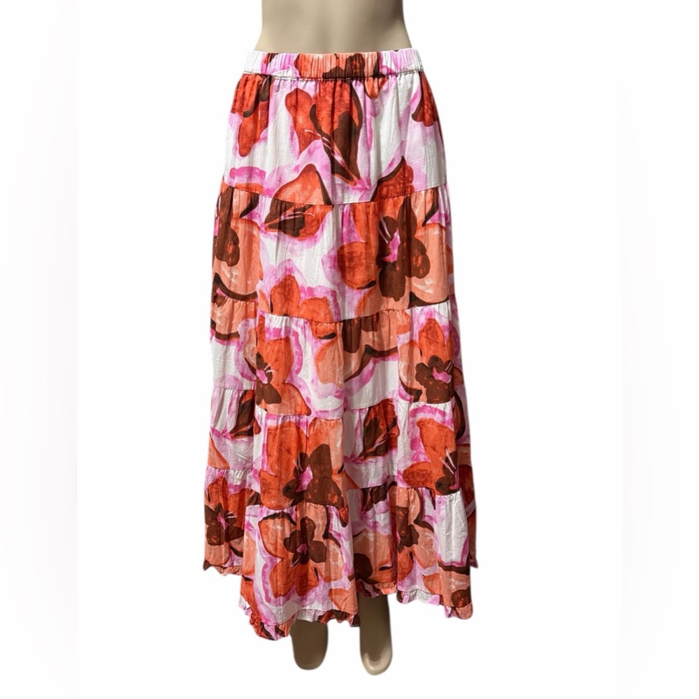 NWT Brave + True Sz M Wonderland Floral Maxi Skirt Tiered Flowing Cotton Azalea